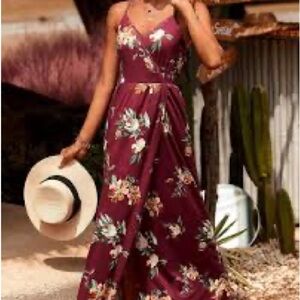 Burgundy Floral V-Neck Wrap dress